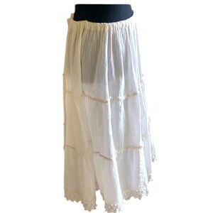Tiered Maxi Skirt Low Rise w Crochet Hem Elastic Waistband Size fit up to M/L